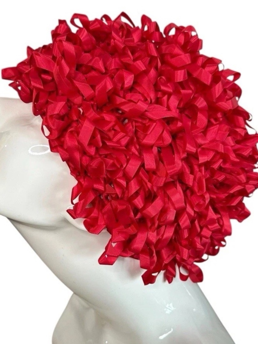 Joseph Magnin Red Ribbon Hat Ruffled Loop Mid Century Couture Cocktail Hat